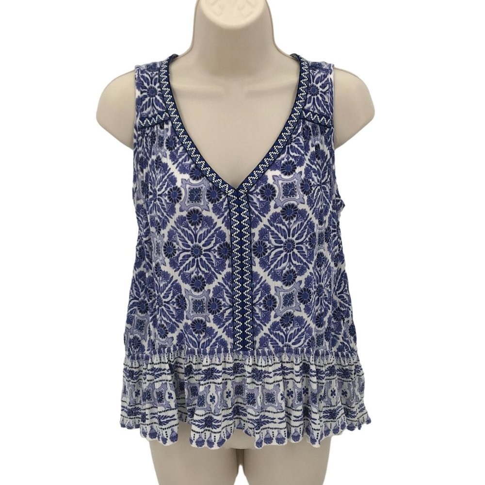 Patrons Of Peace Womens Sleeveless V Neck Embroidered Ruffled Hi Low Hem Top S